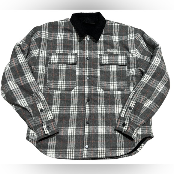Civil Regime men’s Sherpa Lined Flannel Embroidered gray plaid jacket size small